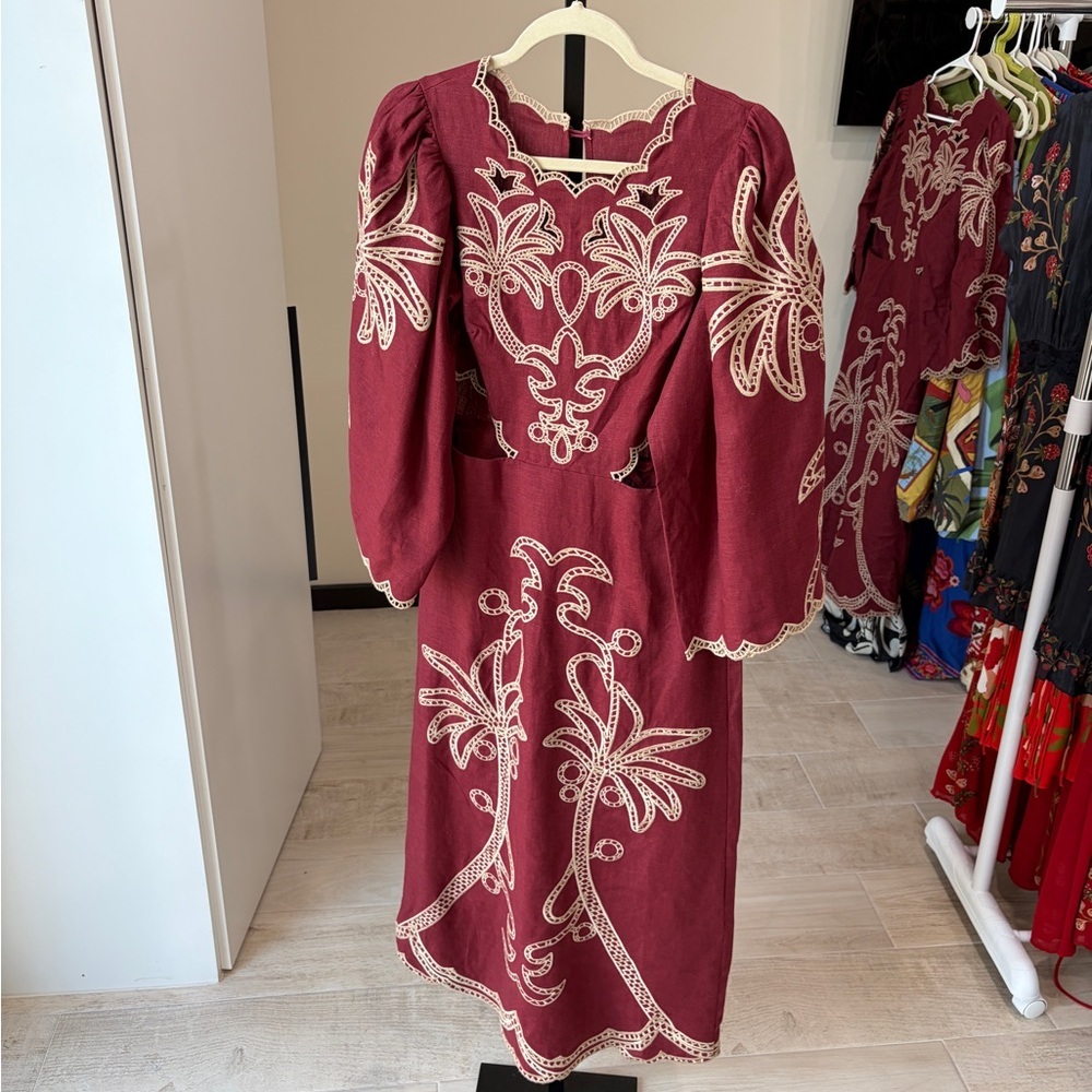 Farm Rio: Red Artisanal Cut-Out Embroidered Euroflax™ Premium Linen Maxi Dress - Picture 10 of 11